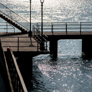 Concrete pier and stairs of the Sally Port jut in to the water